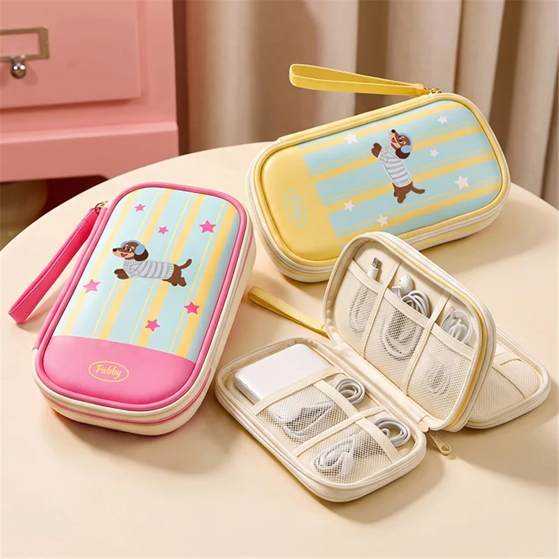 Cable Organizer Bag Polyester Waterproof Multi-Compartment Pearl Cotton Padding Storage Pouch - Pink Dog