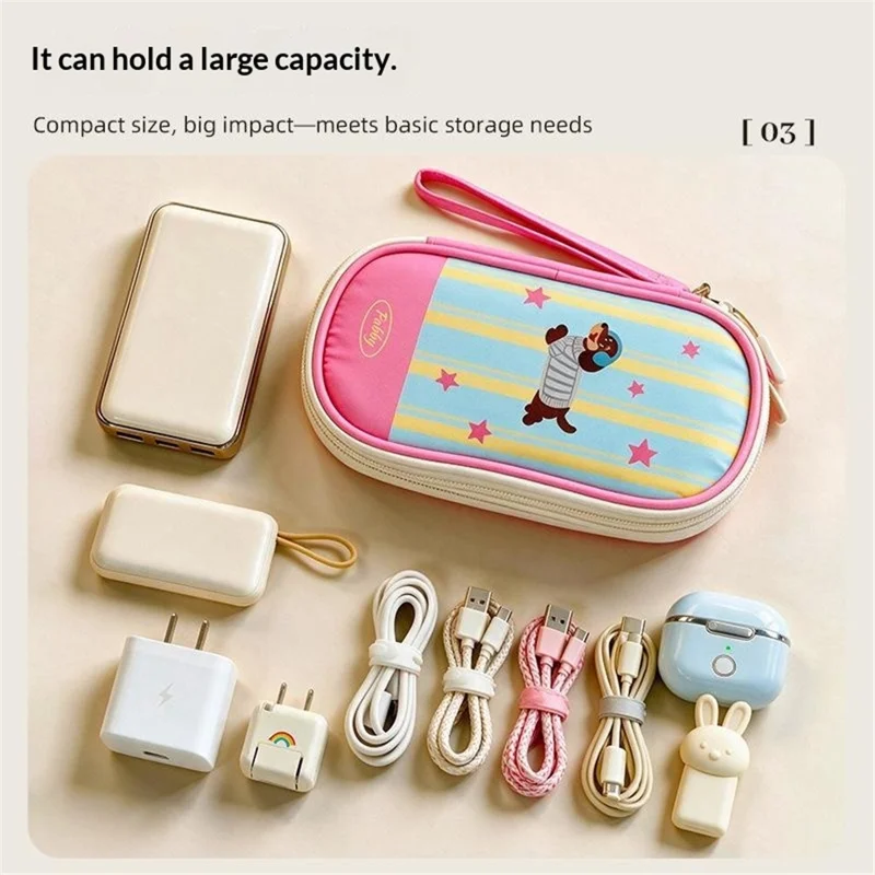Cable Organizer Bag Polyester Waterproof Multi-Compartment Pearl Cotton Padding Storage Pouch - Pink Dog