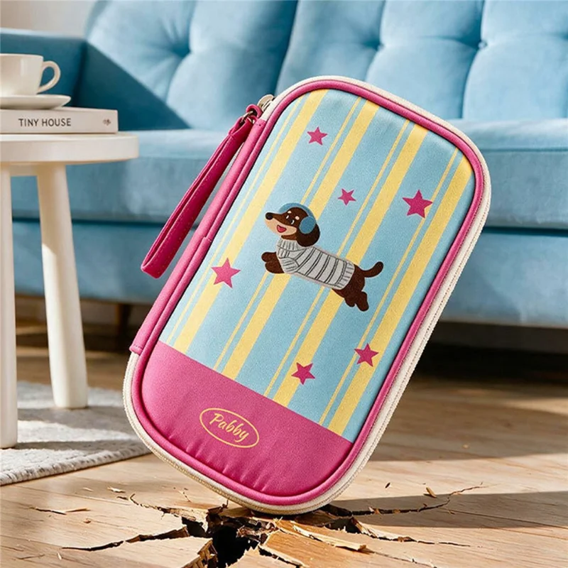 Cable Organizer Bag Polyester Waterproof Multi-Compartment Pearl Cotton Padding Storage Pouch - Pink Dog