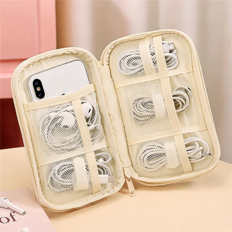 Cable Organizer Bag Polyester Waterproof Multi-Compartment Pearl Cotton Padding Storage Pouch - Pink Dog
