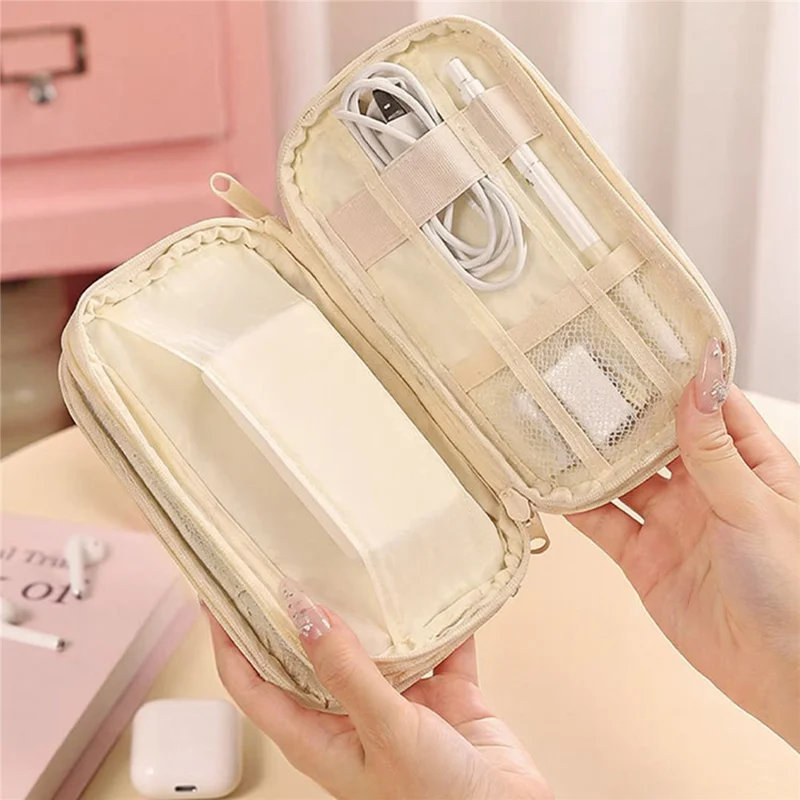 Cable Organizer Bag Polyester Waterproof Multi-Compartment Pearl Cotton Padding Storage Pouch - Pink Dog