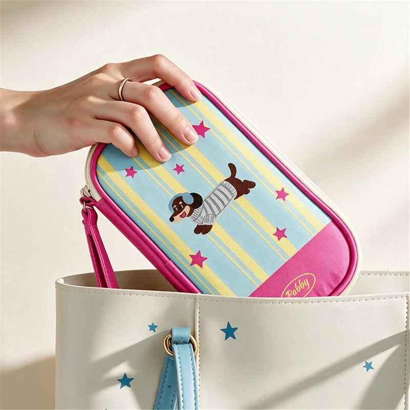 Cable Organizer Bag Polyester Waterproof Multi-Compartment Pearl Cotton Padding Storage Pouch - Pink Dog