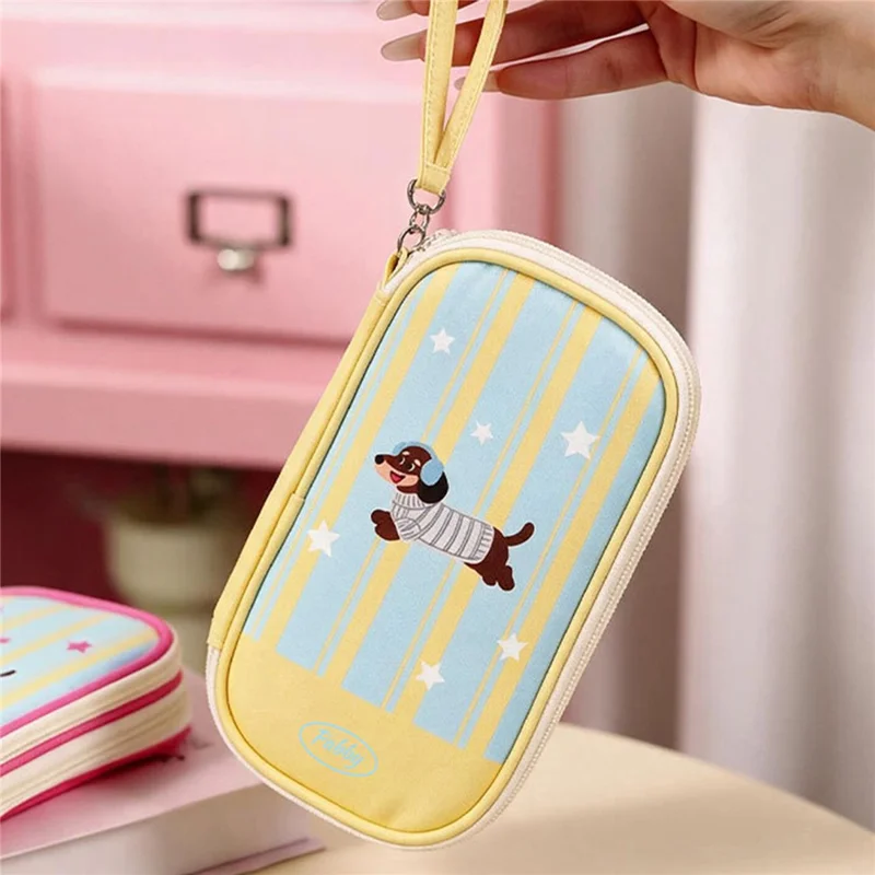 Cable Organizer Bag Polyester Waterproof Multi-Compartment Pearl Cotton Padding Storage Pouch - Pink Dog