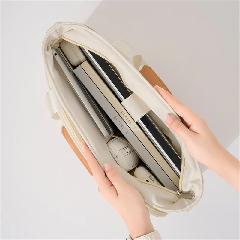 Laptop Bag Waterproof Polyester + PU Handle Multi-Compartment Large Capacity Detachable Shoulder Strap Computer Bag - Beige
