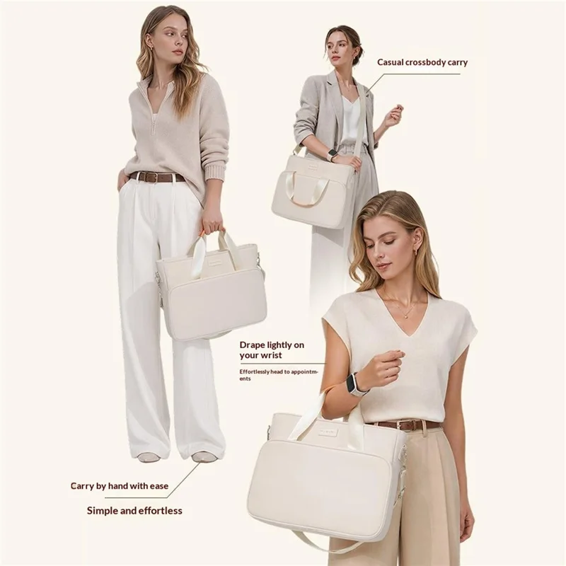 Laptop Bag Waterproof Polyester + PU Handle Multi-Compartment Large Capacity Detachable Shoulder Strap Computer Bag - Beige