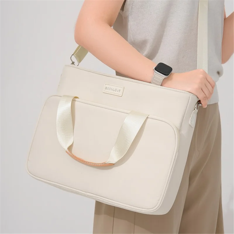 Laptop Bag Waterproof Polyester + PU Handle Multi-Compartment Large Capacity Detachable Shoulder Strap Computer Bag - Beige