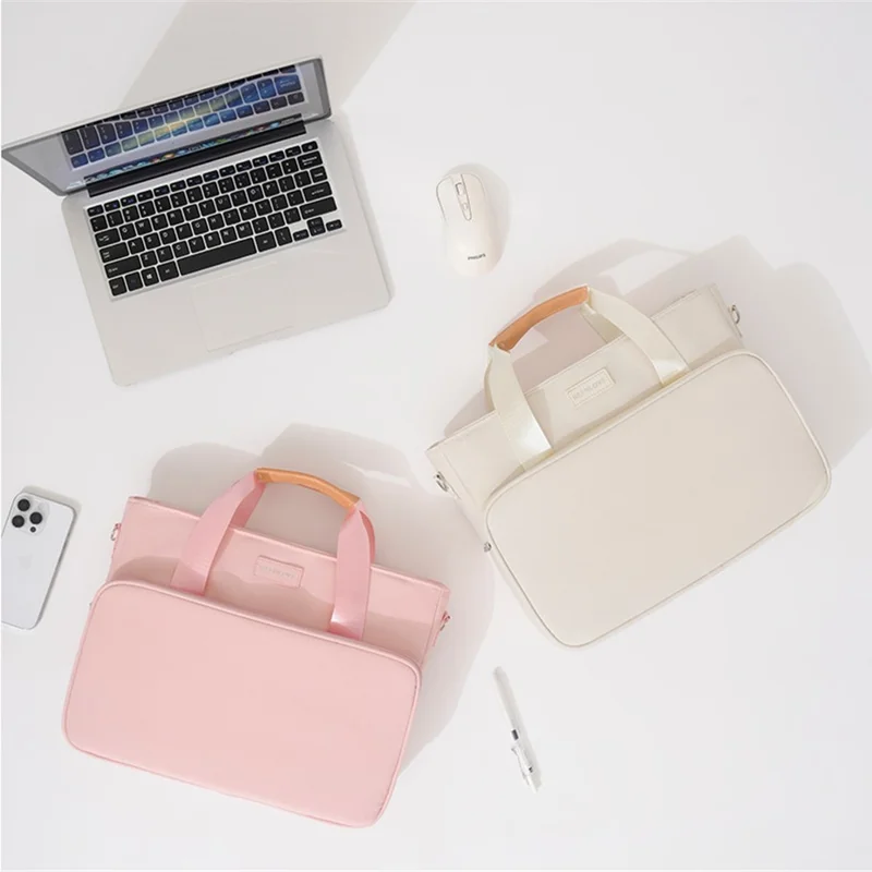 Laptop Bag Waterproof Polyester + PU Handle Multi-Compartment Large Capacity Detachable Shoulder Strap Computer Bag - Beige