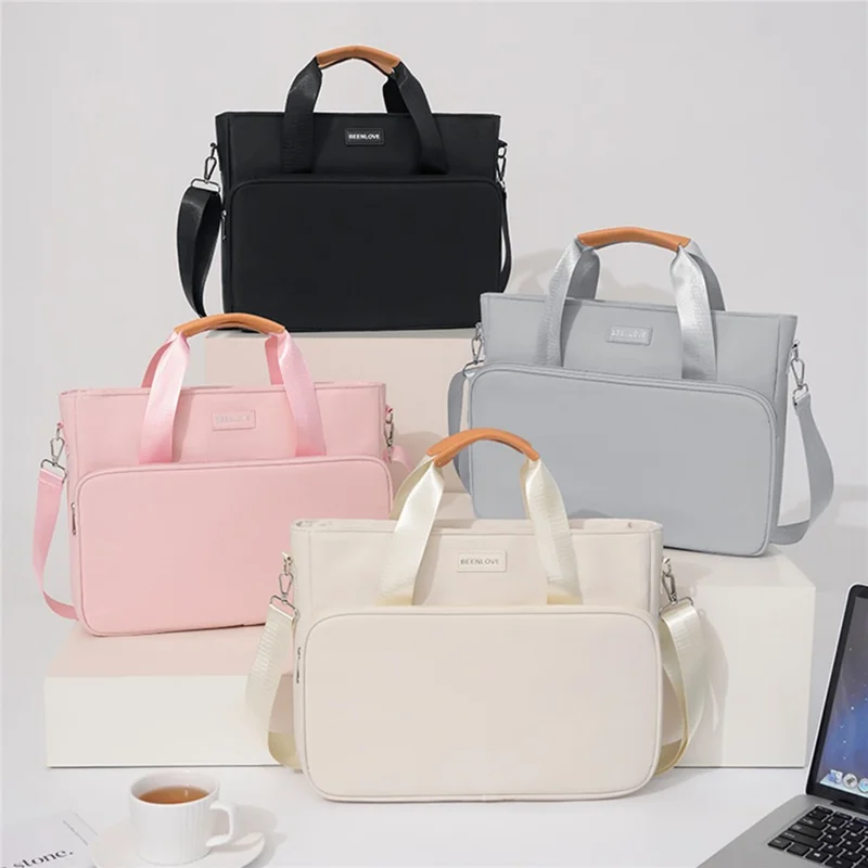 Laptop Bag Waterproof Polyester + PU Handle Multi-Compartment Large Capacity Detachable Shoulder Strap Computer Bag - Beige