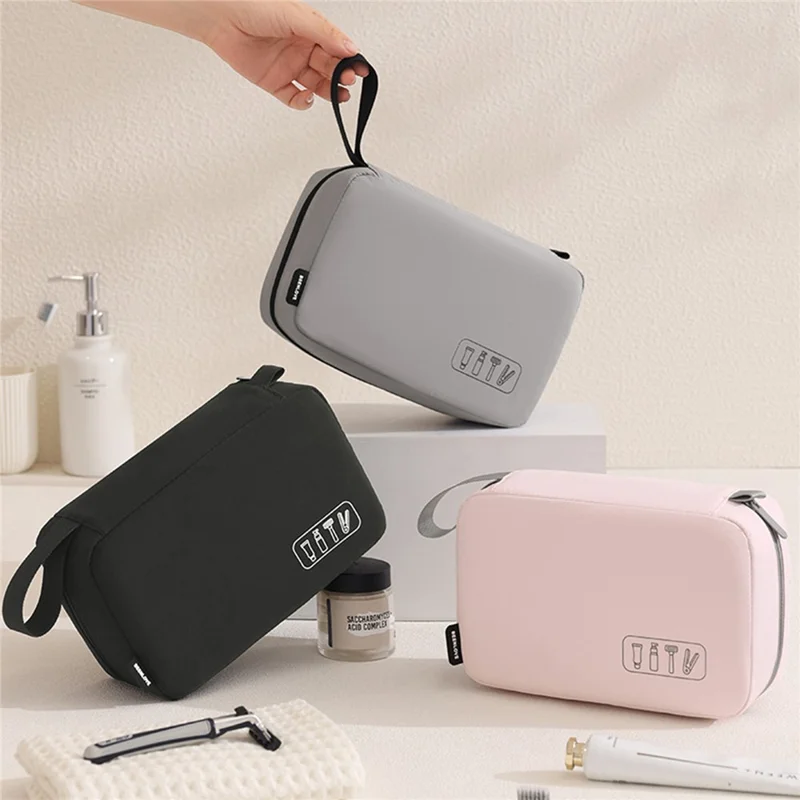 Travel Toiletry Bag 3-Compartment Waterproof Polyester Hook Design Large Capacity Makeup Bag - Grey
