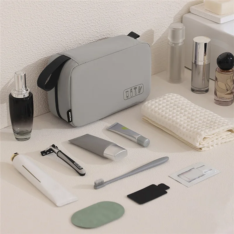Travel Toiletry Bag 3-Compartment Waterproof Polyester Hook Design Large Capacity Makeup Bag - Grey