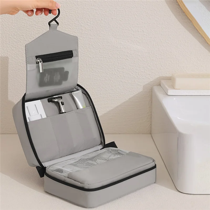 Travel Toiletry Bag 3-Compartment Waterproof Polyester Hook Design Large Capacity Makeup Bag - Grey