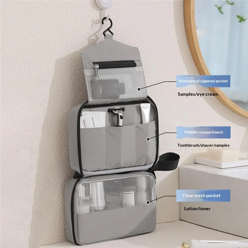 Travel Toiletry Bag 3-Compartment Waterproof Polyester Hook Design Large Capacity Makeup Bag - Grey