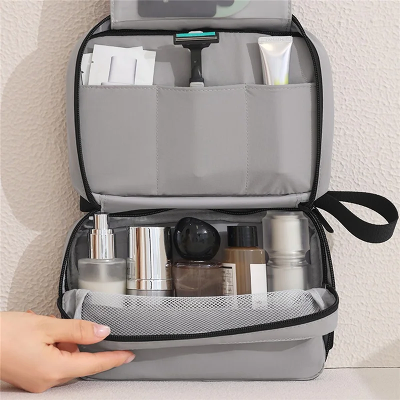 Travel Toiletry Bag 3-Compartment Waterproof Polyester Hook Design Large Capacity Makeup Bag - Grey