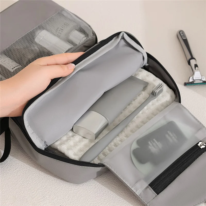 Travel Toiletry Bag 3-Compartment Waterproof Polyester Hook Design Large Capacity Makeup Bag - Grey