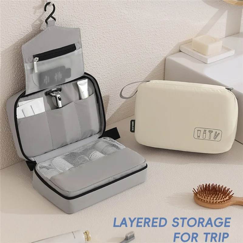 Travel Toiletry Bag 3-Compartment Waterproof Polyester Hook Design Large Capacity Makeup Bag - Grey
