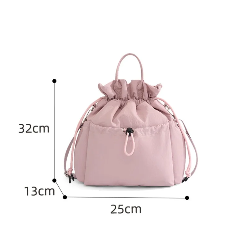 Drawstring Lunch Bag Nylon Corduroy Waterproof Multi Compartment Tote Bag for Work School Commuting - Rose Pink