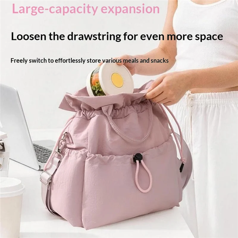 Drawstring Lunch Bag Nylon Corduroy Waterproof Multi Compartment Tote Bag for Work School Commuting - Rose Pink
