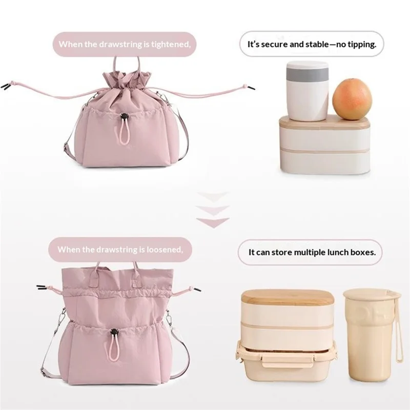 Drawstring Lunch Bag Nylon Corduroy Waterproof Multi Compartment Tote Bag for Work School Commuting - Rose Pink