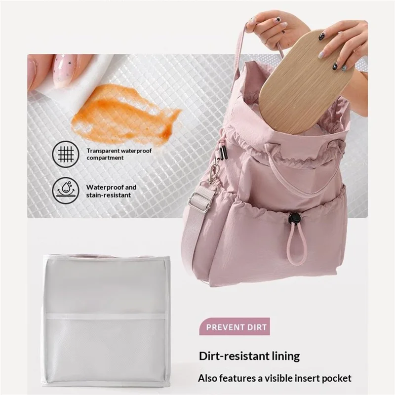 Drawstring Lunch Bag Nylon Corduroy Waterproof Multi Compartment Tote Bag for Work School Commuting - Rose Pink