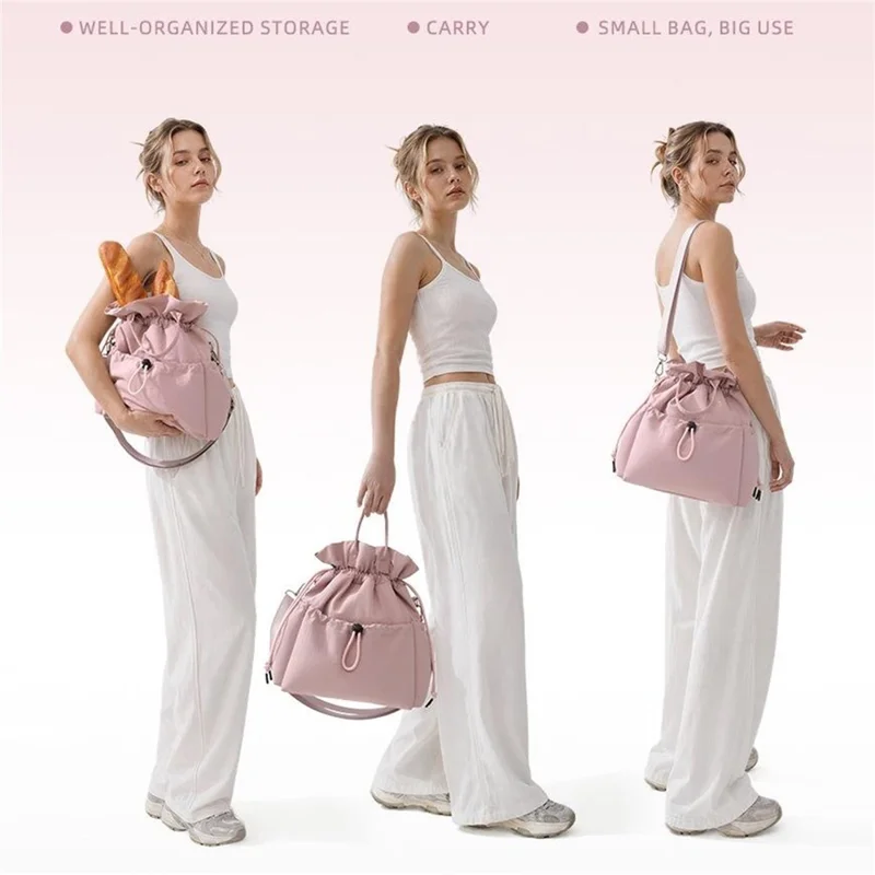 Drawstring Lunch Bag Nylon Corduroy Waterproof Multi Compartment Tote Bag for Work School Commuting - Rose Pink