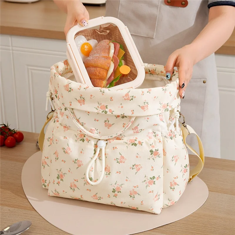 Drawstring Lunch Bag Nylon Corduroy Waterproof Multi Compartment Tote Bag for Work School Commuting - Rose Pink