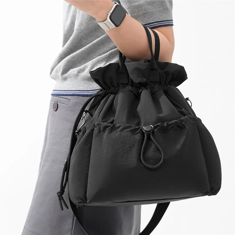 Drawstring Lunch Bag Nylon Corduroy Waterproof Multi Compartment Tote Bag for Work School Commuting - Rose Pink