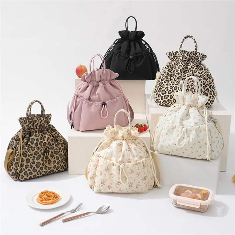 Drawstring Lunch Bag Nylon Corduroy Waterproof Multi Compartment Tote Bag for Work School Commuting - Rose Pink