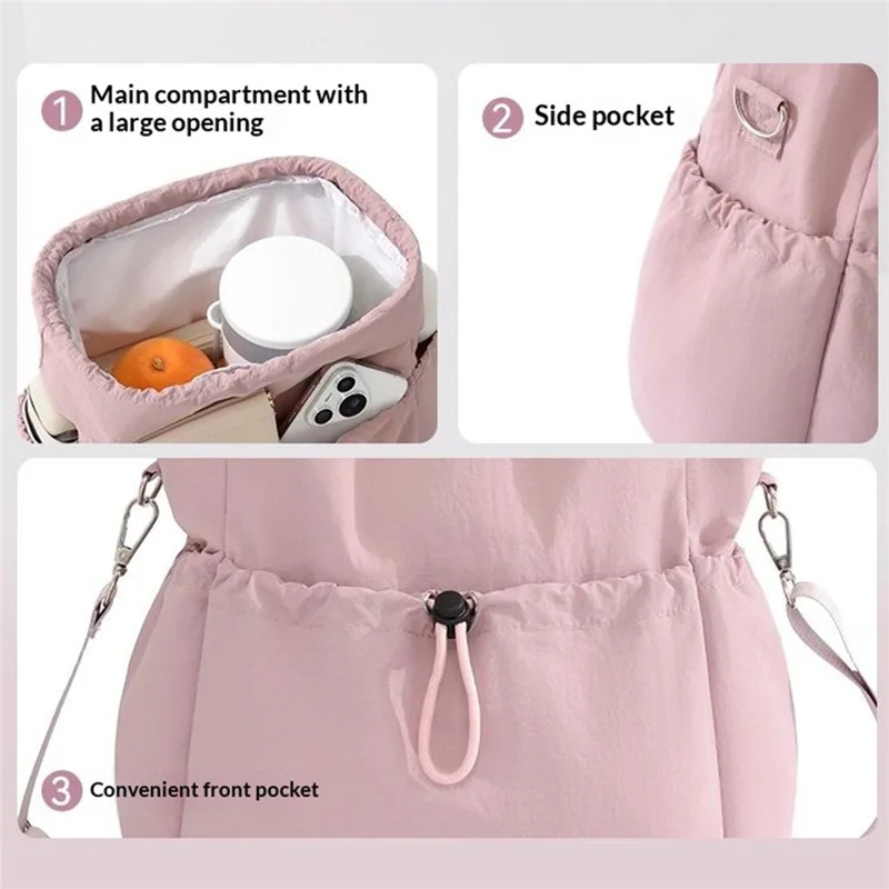 Drawstring Lunch Bag Nylon Corduroy Waterproof Multi Compartment Tote Bag for Work School Commuting - Rose Pink