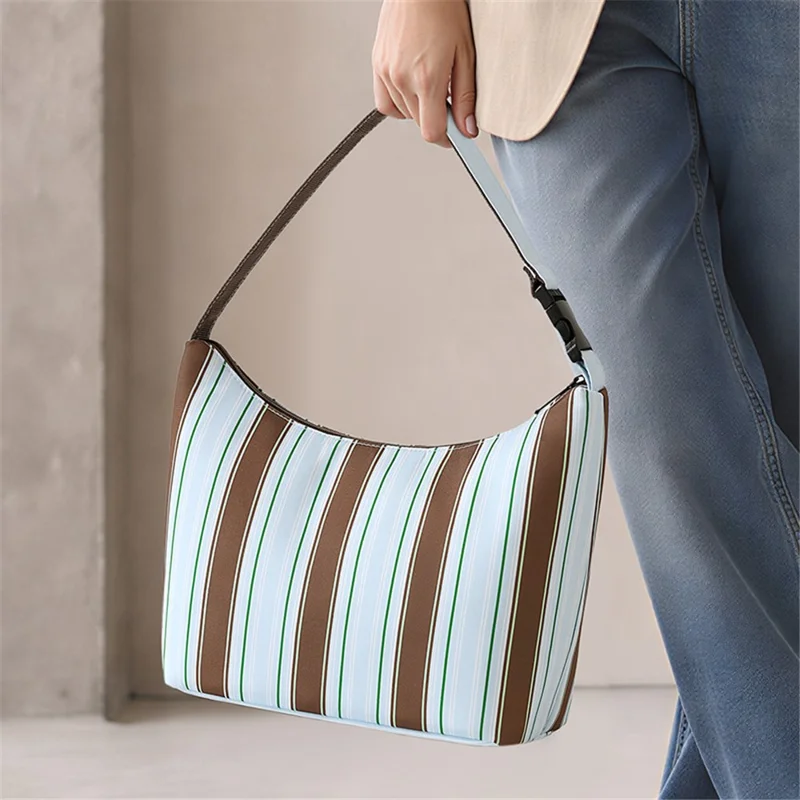 Lunch Bag Waterproof Large Capacity Curved Opening Polyester + PEVA Cooler Bag for Office Work School - Blue Stripes