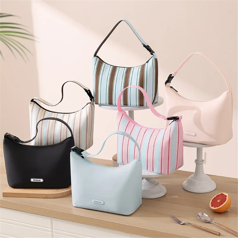 Lunch Bag Waterproof Large Capacity Curved Opening Polyester + PEVA Cooler Bag for Office Work School - Blue Stripes