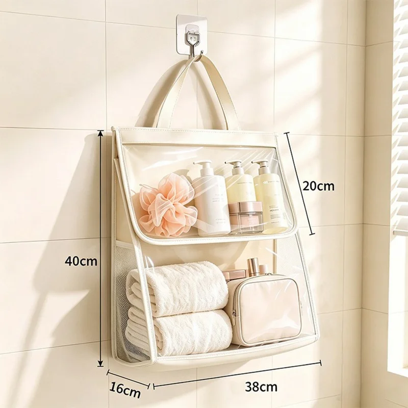 Waterproof Hanging Storage Bag with Transparent Touchscreen Window for Phone Use, Double-Layer Compartments, for Bathroom - Beige