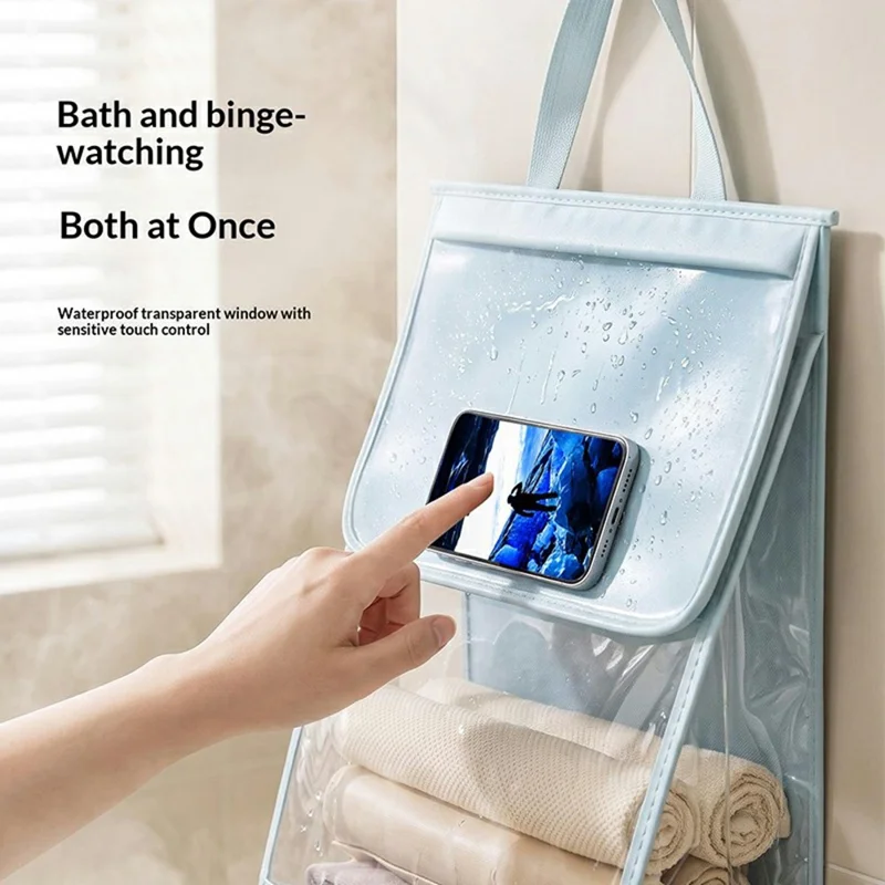Waterproof Hanging Storage Bag with Transparent Touchscreen Window for Phone Use, Double-Layer Compartments, for Bathroom - Beige
