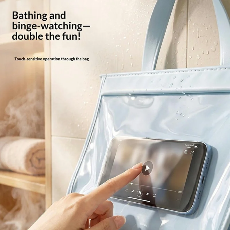 Waterproof Hanging Storage Bag with Transparent Touchscreen Window for Phone Use, Double-Layer Compartments, for Bathroom - Beige