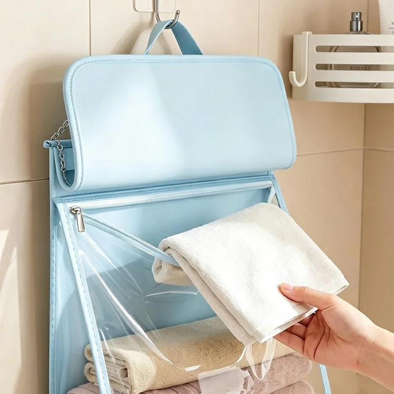 Waterproof Hanging Storage Bag with Transparent Touchscreen Window for Phone Use, Double-Layer Compartments, for Bathroom - Beige