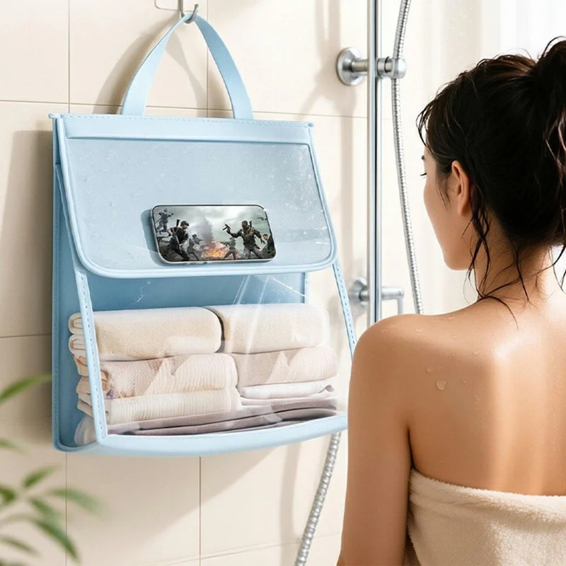 Waterproof Hanging Storage Bag with Transparent Touchscreen Window for Phone Use, Double-Layer Compartments, for Bathroom - Beige