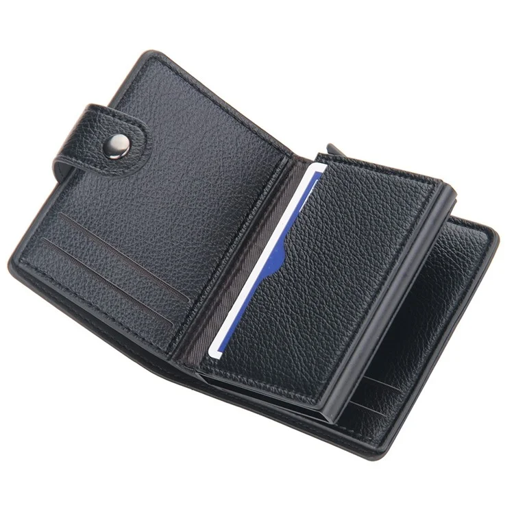 BAELLERRY K9148 RFID Blocking Litchi Texture PU Leather + Aluminum Alloy Case Credit Card Holder Automatic Pop Up Wallet - Black