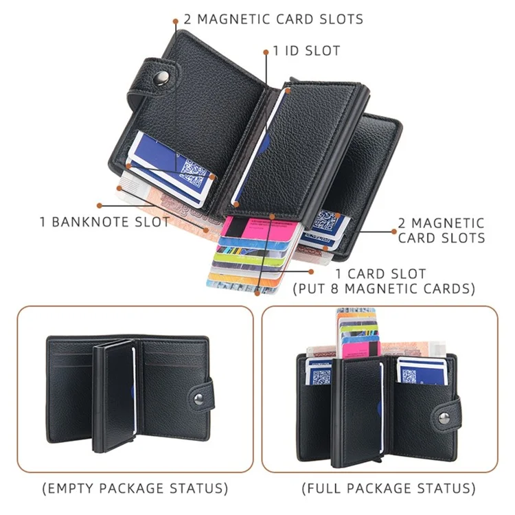 BAELLERRY K9148 RFID Blocking Litchi Texture PU Leather + Aluminum Alloy Case Credit Card Holder Automatic Pop Up Wallet - Black