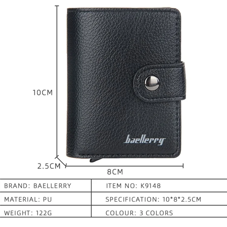 BAELLERRY K9148 RFID Blocking Litchi Texture PU Leather + Aluminum Alloy Case Credit Card Holder Automatic Pop Up Wallet - Black