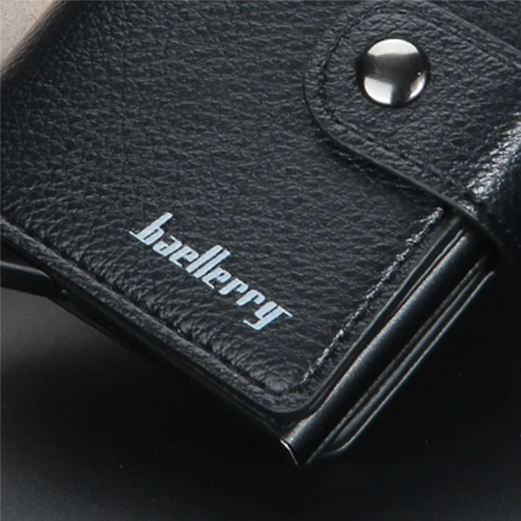 BAELLERRY K9148 RFID Blocking Litchi Texture PU Leather + Aluminum Alloy Case Credit Card Holder Automatic Pop Up Wallet - Black