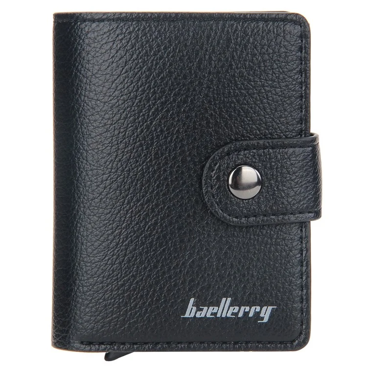BAELLERRY K9148 RFID Blocking Litchi Texture PU Leather + Aluminum Alloy Case Credit Card Holder Automatic Pop Up Wallet - Black
