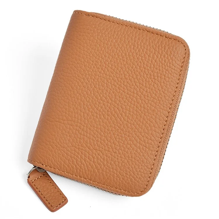 ZS-BO226 RFID Blocking Cowhide Leather Organ Card Holder Bag Zipper Coin Purse Women Short Wallet - Coffee