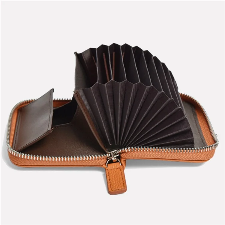 ZS-BO226 RFID Blocking Cowhide Leather Organ Card Holder Bag Zipper Coin Purse Women Short Wallet - Coffee