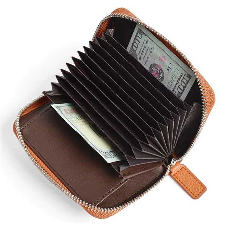 ZS-BO226 RFID Blocking Cowhide Leather Organ Card Holder Bag Zipper Coin Purse Women Short Wallet - Coffee