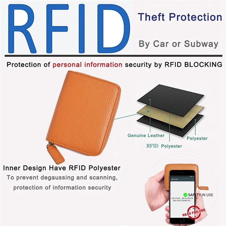 ZS-BO226 RFID Blocking Cowhide Leather Organ Card Holder Bag Zipper Coin Purse Women Short Wallet - Coffee