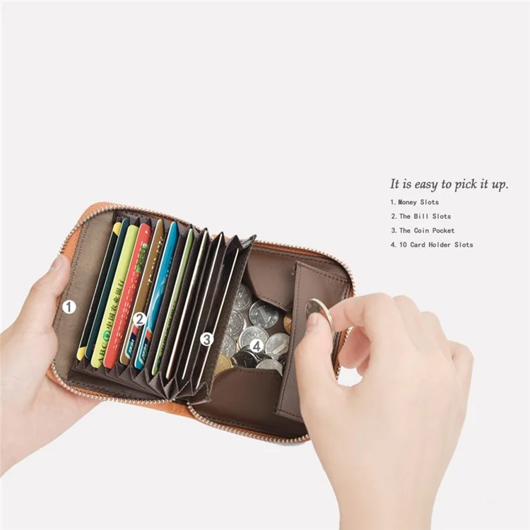 ZS-BO226 RFID Blocking Cowhide Leather Organ Card Holder Bag Zipper Coin Purse Women Short Wallet - Coffee