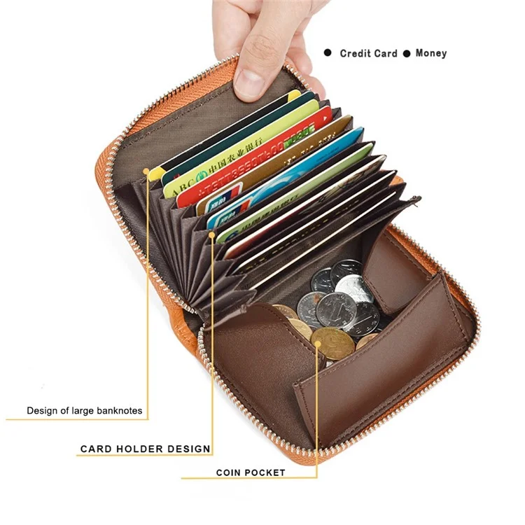 ZS-BO226 RFID Blocking Cowhide Leather Organ Card Holder Bag Zipper Coin Purse Women Short Wallet - Coffee