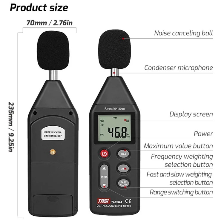 TASI TA8152B LCD Affichage du Niveau Sonore Numérique Détecteur Audio Détecteur Volume de Décibel Testeur Prise en Charge de L'ordinateur Connexion