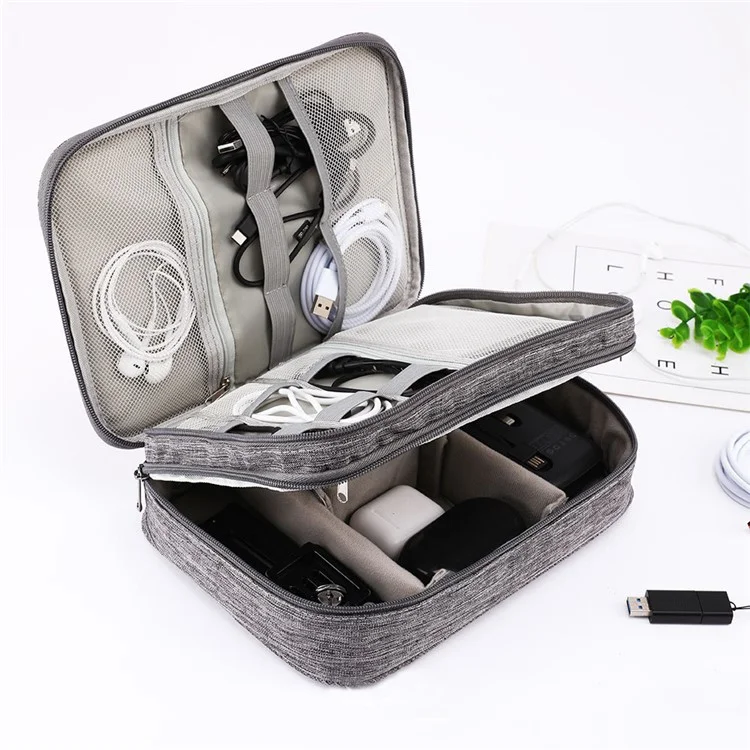 5-inch Electronics Organizer Oxford Cloth Portable Double Layers Pouch Zipper Cable Organizer Bag for Cable, Cord, Phone Electronic Accessories - Grey