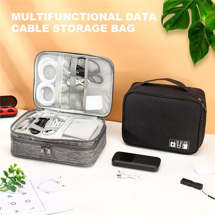 5-inch Electronics Organizer Oxford Cloth Portable Double Layers Pouch Zipper Cable Organizer Bag for Cable, Cord, Phone Electronic Accessories - Grey