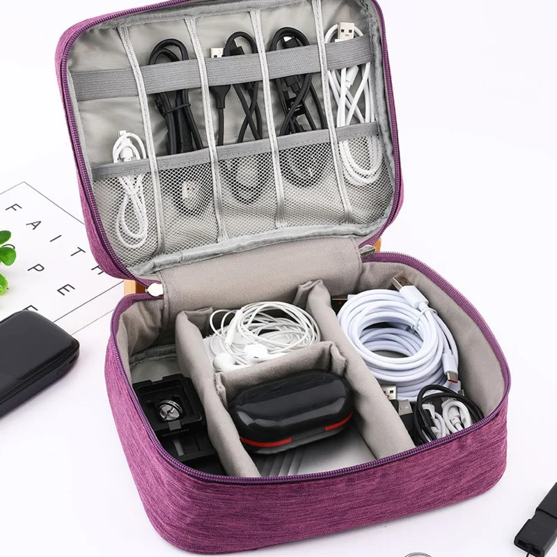 4.5-inch Cable Organizer Bag Portable Single Layer Electronic Digital Accessories Carry Case for USB Cable, Charger, Earphone - Purple